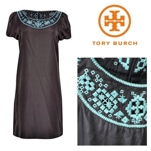 Tory Burch Lottie Turquoise Embroidered Yoke Black Silk Shift Mini Dress Size 12 - Picture 1 of 16